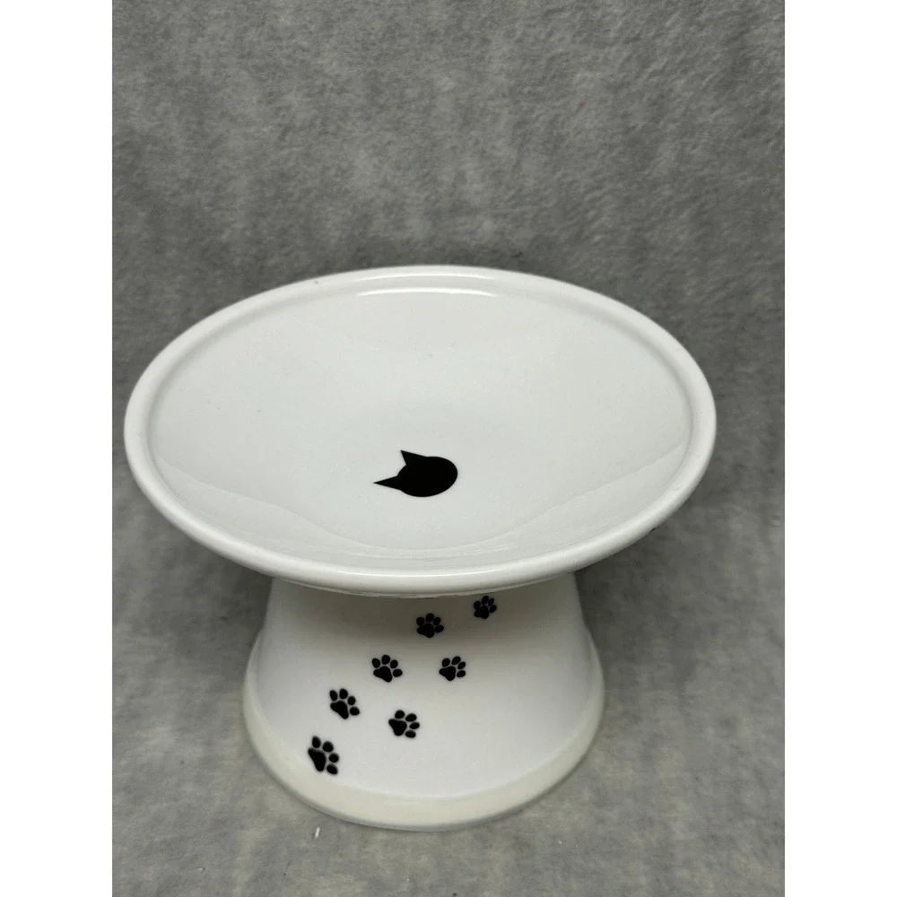 Necoichi Raised Cat‎ Food Bowl White Ceramic Paw Print Happy Dining Kitten
